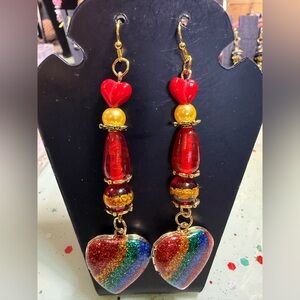 Artisan Rainbow locket Heart Drop Earrings with glass beads
